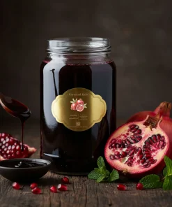 Premium Iranian pomegranate molasses (paste) in a glass jar by Raymand Kala, a B2B supplier for wholesale export.